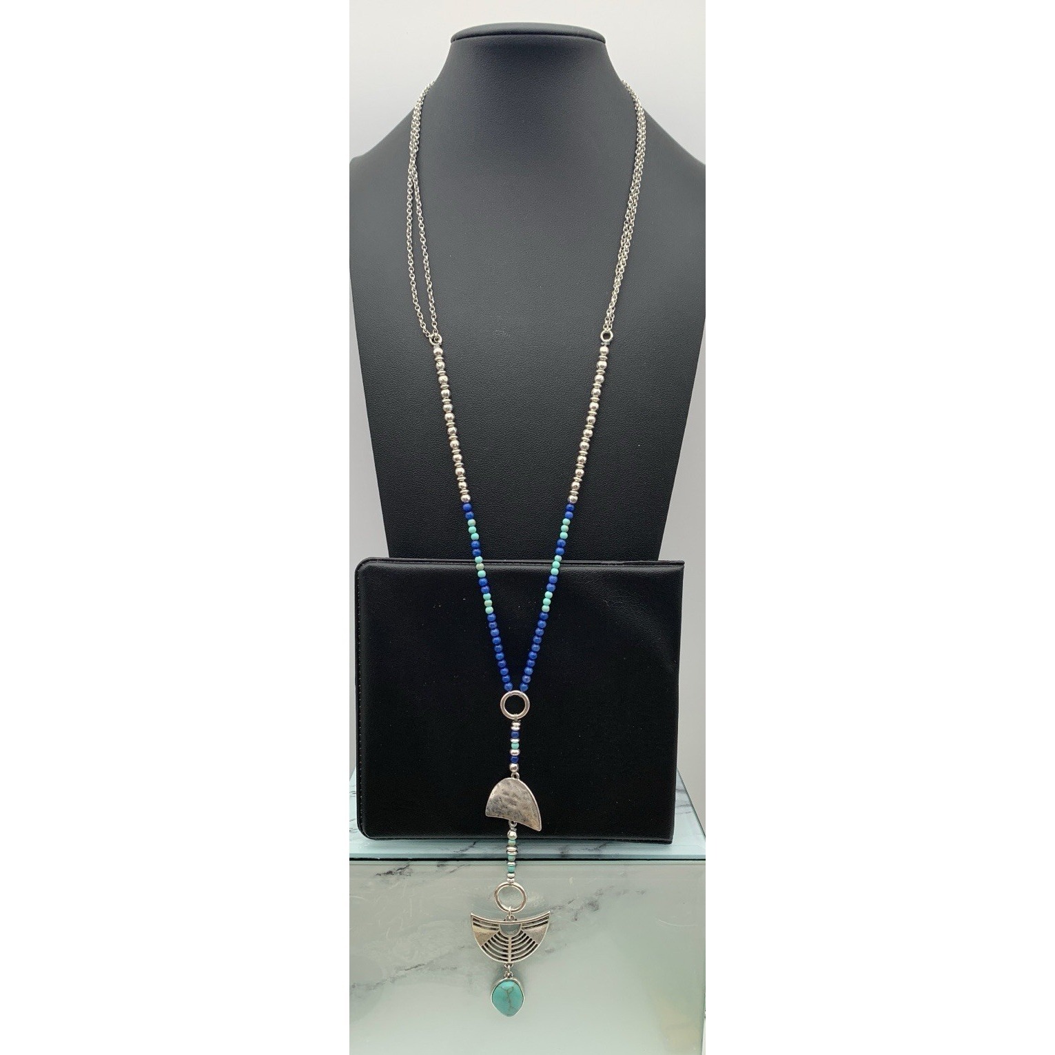 Lucky Brand Silver Tone Faux Turquoise Pendant Blue Beads Long Necklace 24"